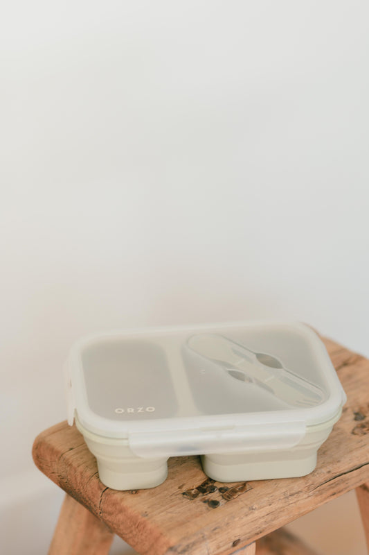 orzo bento box sage air-tight with fork and spoon